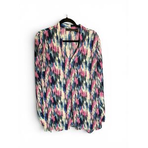 Attention Women’s XL Abstract Brushstroke Blouse Pink Blue Roll Tab Top